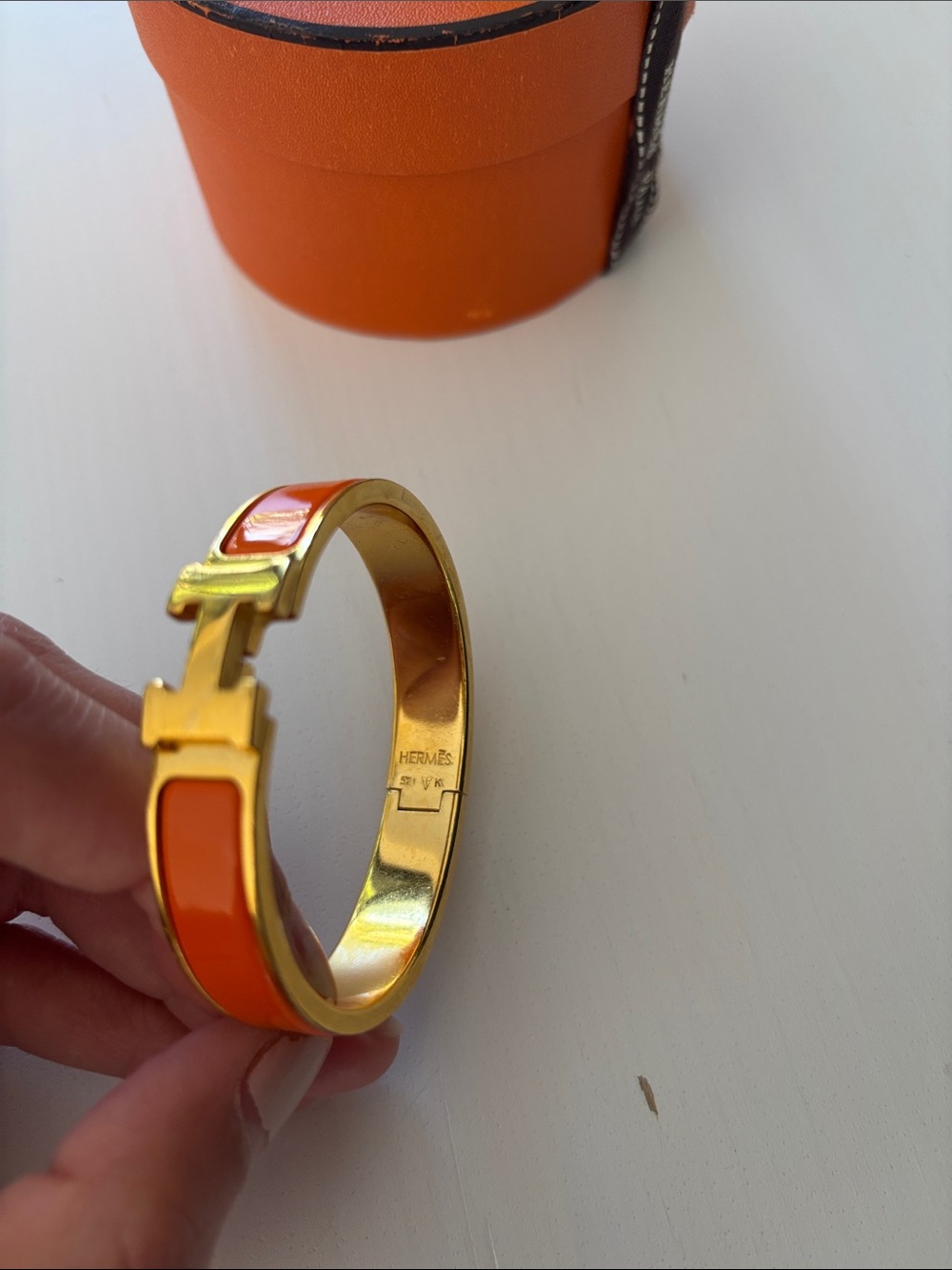 Authentic Hermes Orange Enamel H Bracelet with Gold Hardware - Picture 2 of 6